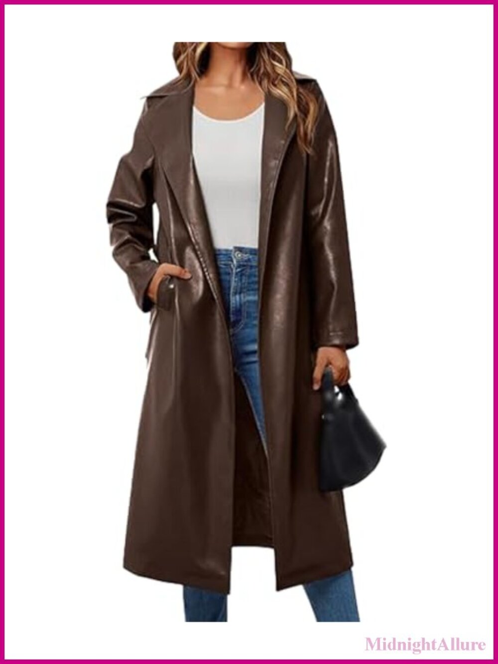 Women's Faux Leather Trench Coat Notched Lapel PU Long Motorcycle Belted Maxi